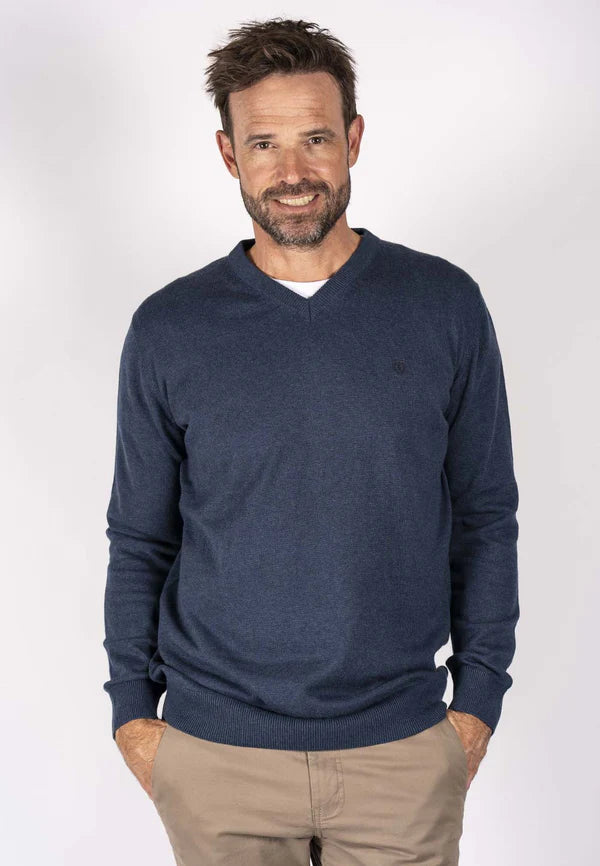 Pre End - Dark Denim Mix New Hampton V Neck Cotton Knitwear 100519 7573