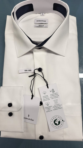 Seidensticker - White Regular Fit Shirt With Navy Buttons and Trim 193690 01